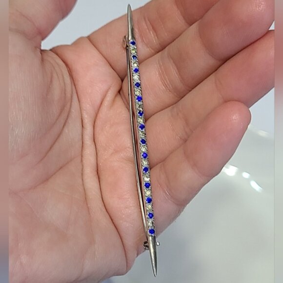 Vintage Slim Sterling Silver Pointer Blue White Crystal Bar Brooch - Picture 6 of 9